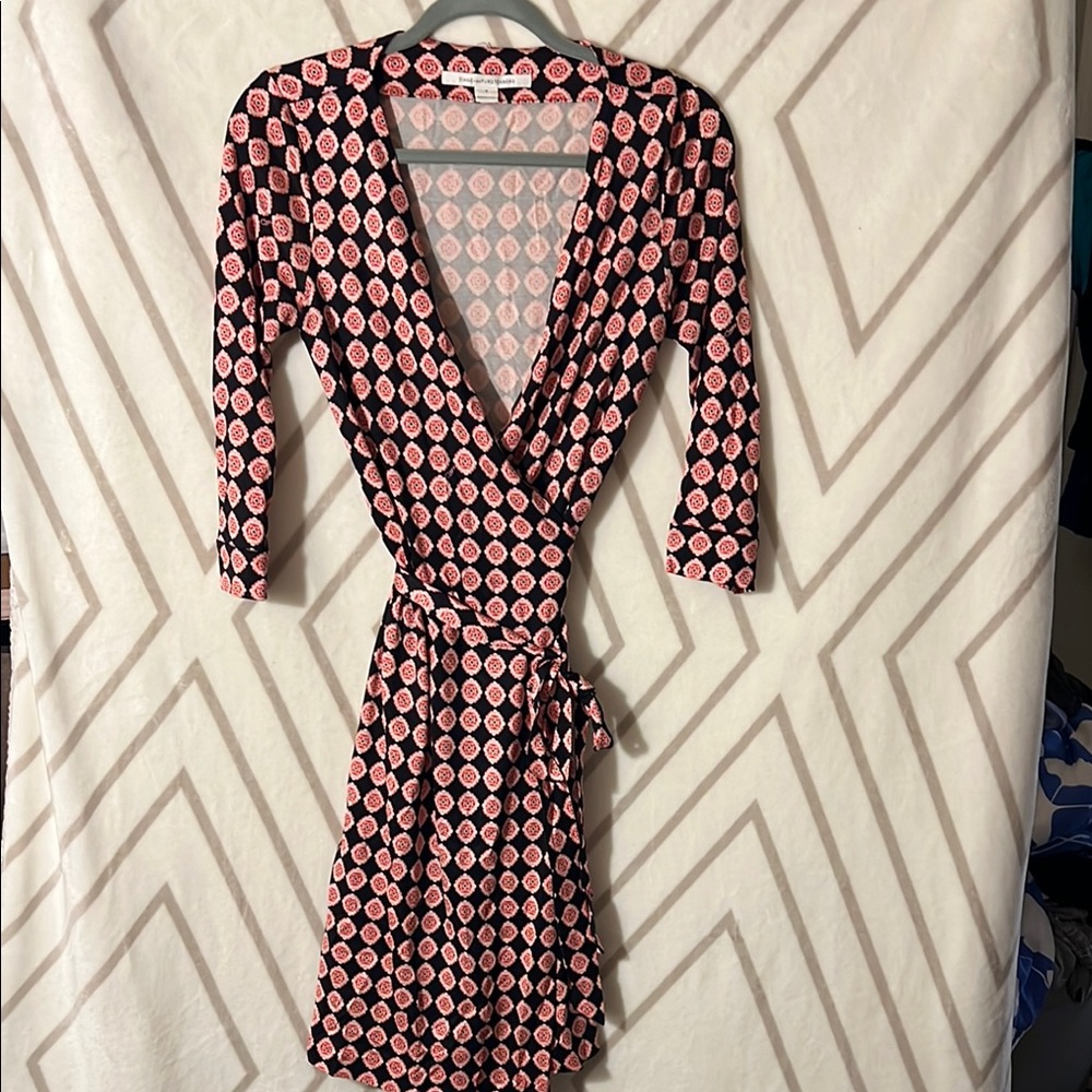 Diane Von Furstenberg New Julian Two Pink and Black Wrap Dress